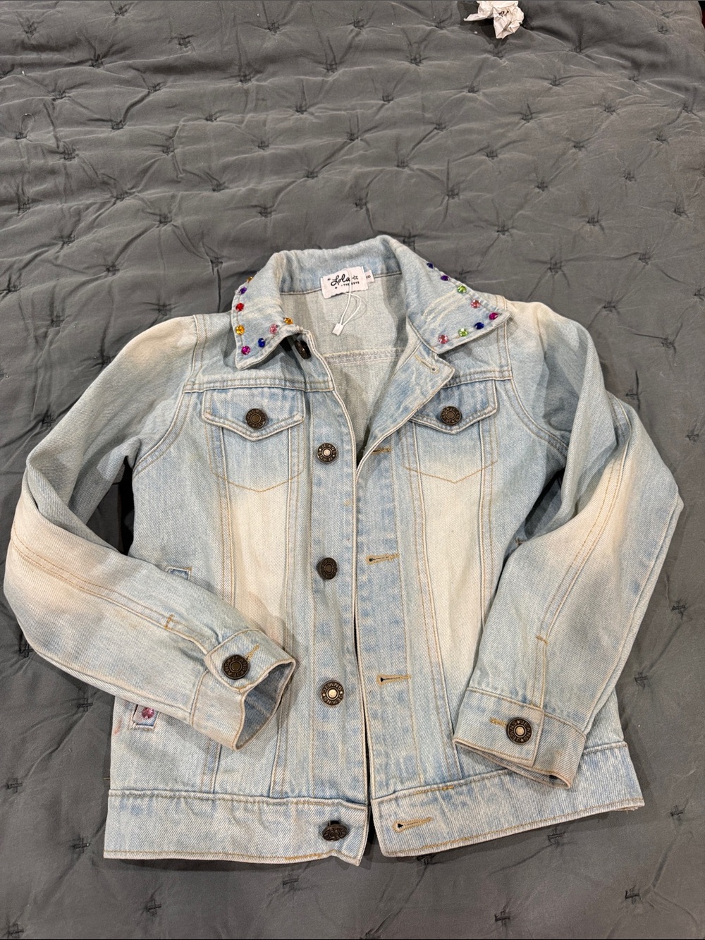 Lola + The Boys Light Wash Denim Jacket with Beaded Collar